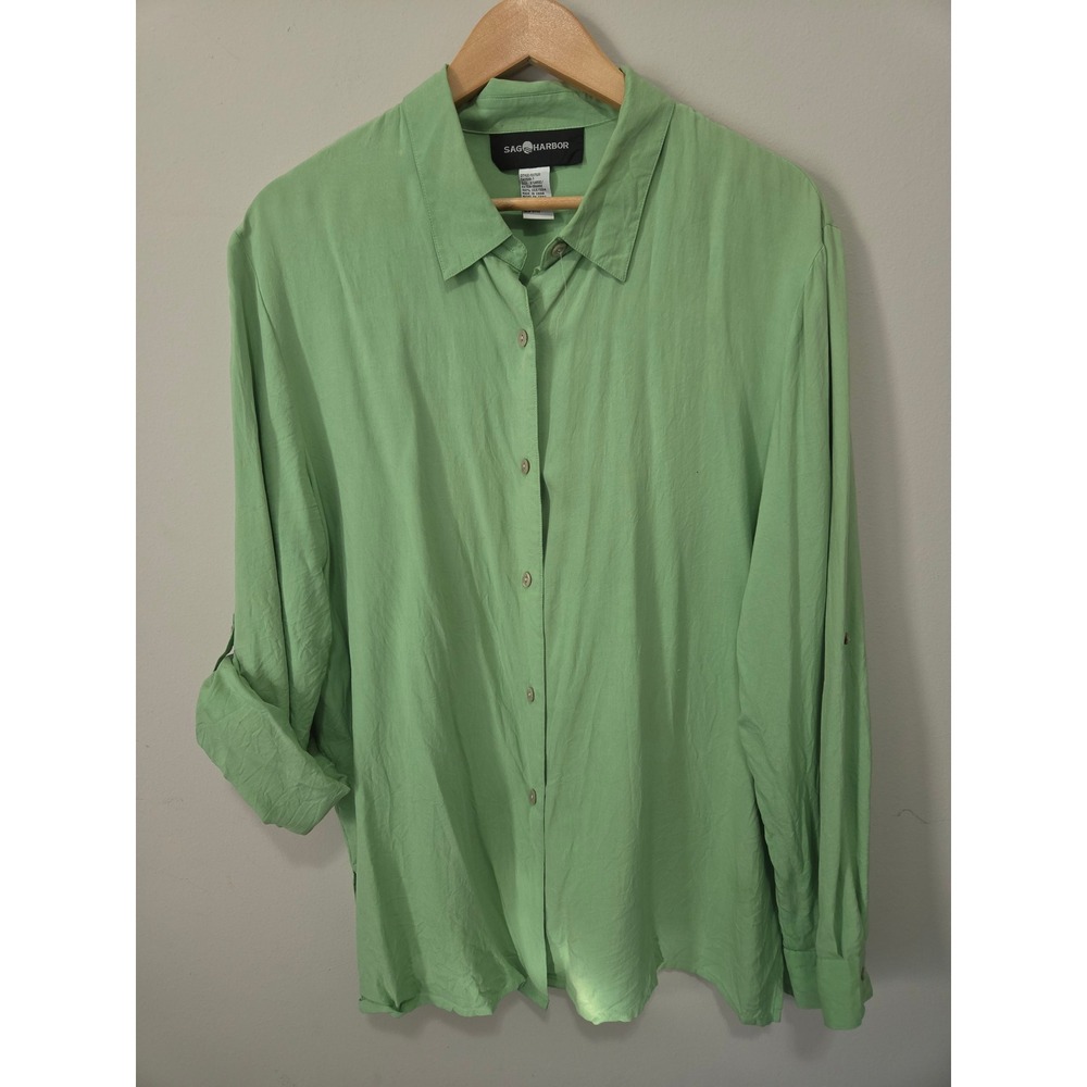 Sag Harbor Womens XL Green 100% Silk Roll Tab Sleeve Button Down Shirt S43500